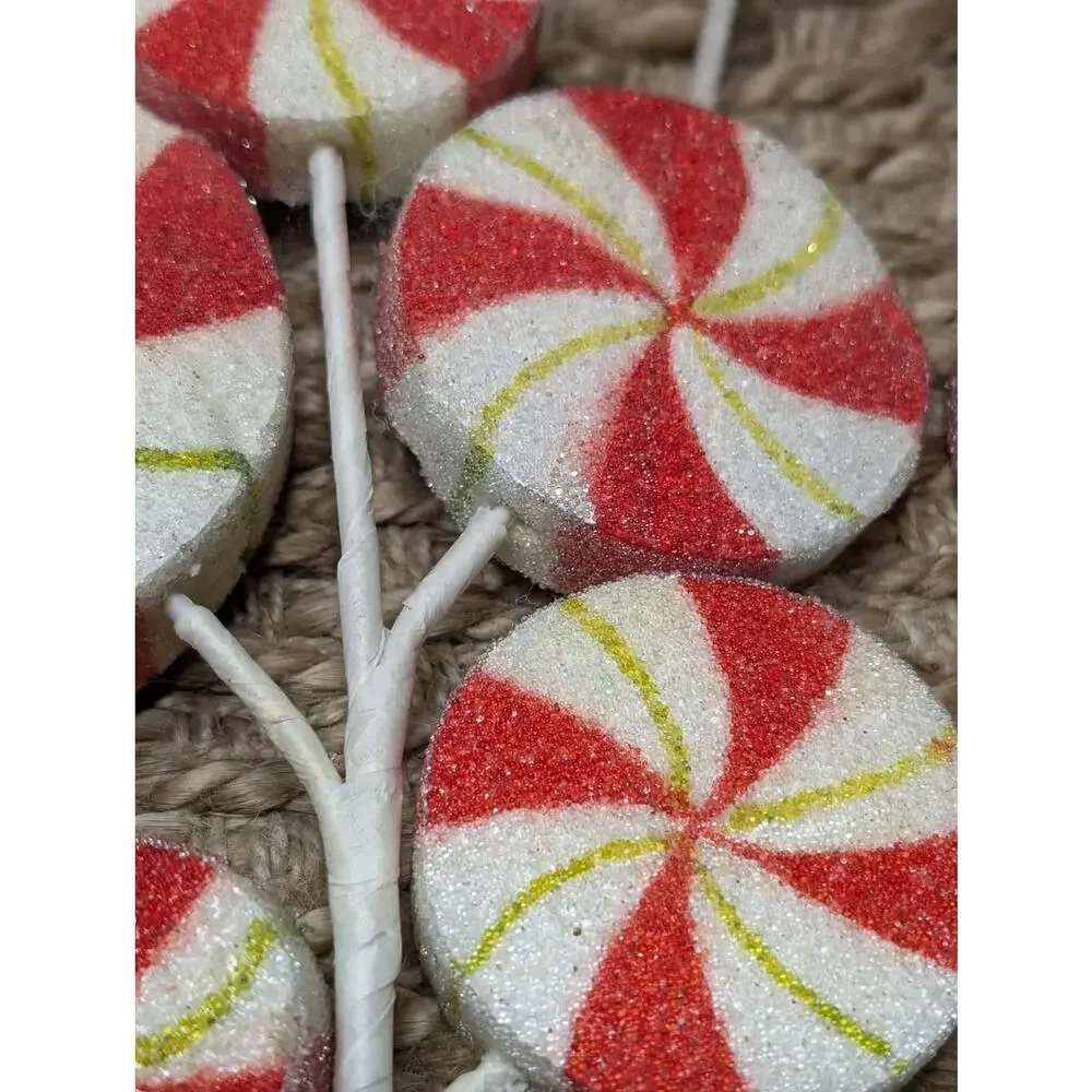 5 Frosted Red & White Peppermint Swirl Picks Holiday Christmas Decor, 16
